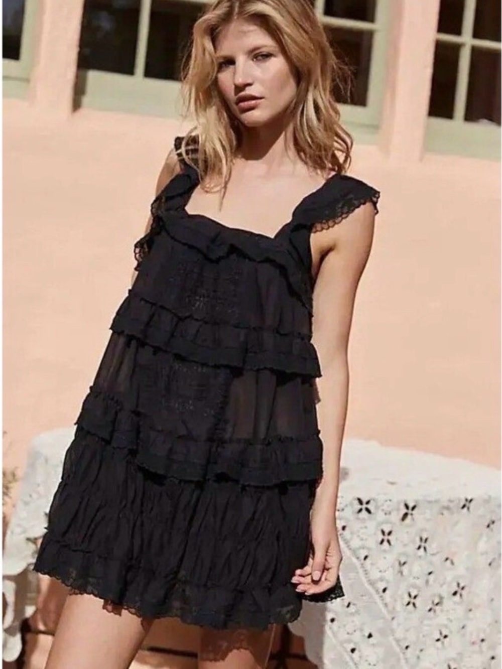 Free People Black Tiered Ruffle Mini Dress